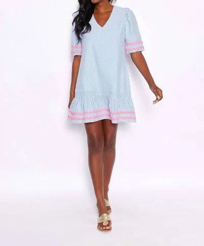 Sail To Sable Stripe V-neck Puff Sleeve Dress In Blue/white Stripe