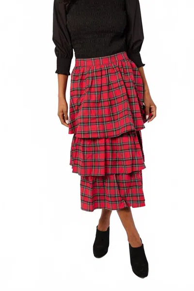 Sail To Sable Tiered Midi Skirt In Red Tartan Plaid In Pattern