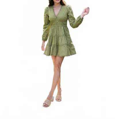 Sail To Sable V-neck Cinched Waist Dress With Ric Rac In Moss Green