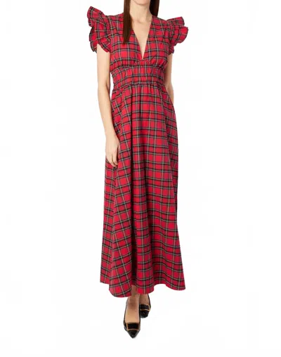 Sail To Sable V-neck Flutter Sleeve Maxi Dress In Red Tartan Plaid In White