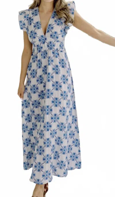 Sail To Sable V-neck Flutter Maxi Dress In Floral Tile In Blue