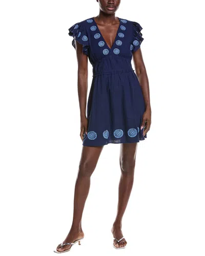 Sail To Sable V-neck Flutter Sleeve Linen-blend Mini Dress In Blue