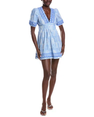 Sail To Sable V-neck Puff Sleeve Linen-blend Ric-rac Dress In Blue