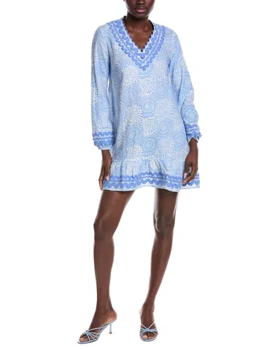 Sail To Sable V-neck Ruffle Hem Linen-blend Dress In Blue