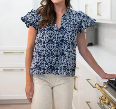 Sail To Sable Women's Shell Eyelet Flutter Sleeve Top In Navy In Blue
