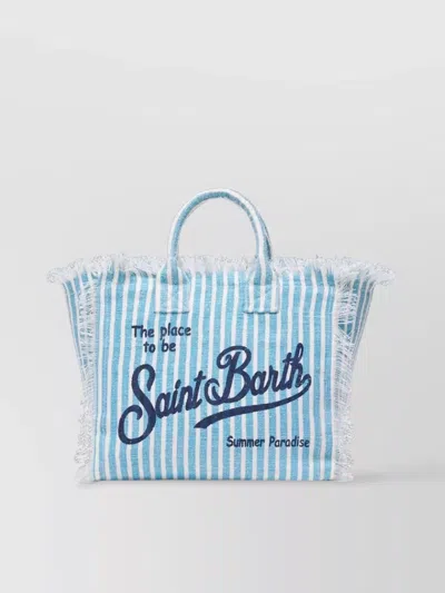 Saint Barth Fringed Striped Top Handle Shoulder Bag In Blue