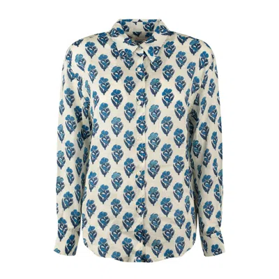 Saint Barth Jaipur Flower Print Linen Shirt In White, Blue