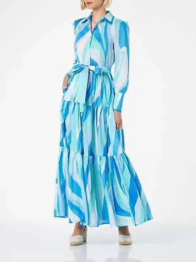 Pre-owned Saint Barth Mc2  Woman Long Dress With Wave Print In Blue