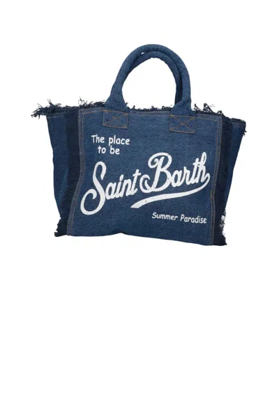 Saint Barth Medium Collar In Dark Denim Woman  With White Print In Blue