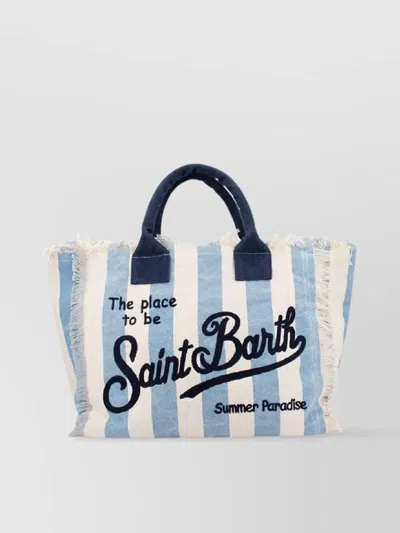 Saint Barth Striped Frayed Dual Handles Shoulder Bag In Blue