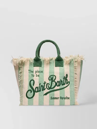 Saint Barth Striped Fringe Top Handles Bag In Neutral