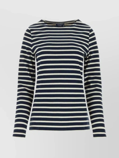 Saint James Cotton Crewneck Embroidered Striped T-shirt In Blue