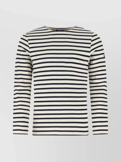 SAINT JAMES EMBROIDERED COTTON CREW NECK T-SHIRT WITH STRIPED LONG SLEEVES