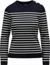 Saint James Horizontal Stripe Wool Sweater With Button Detail In Black