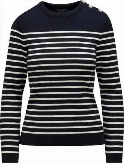 Saint James Horizontal Stripe Wool Sweater With Button Detail In Black