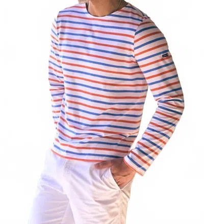 Saint James Minquiers Modern Long Sleeve Tee In White/orange/mer Blue In Multi