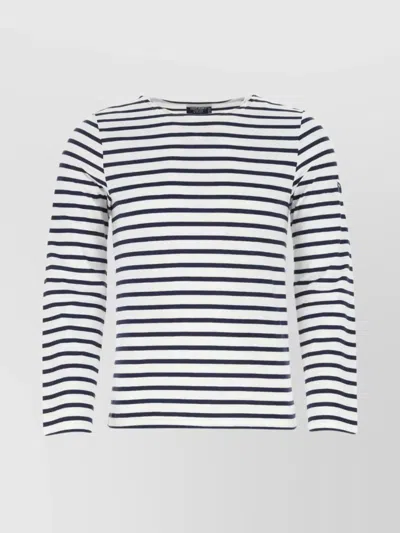 Saint James Modern Striped Crew Neck Cotton Embroidered Top In White