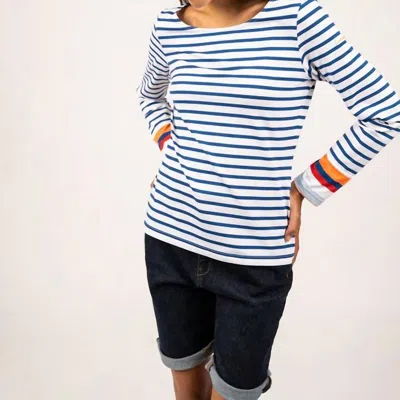 Saint James Villerville Nautical Striped Top With Colorblock Cuffs In White / Royal Blue / Neon Orange