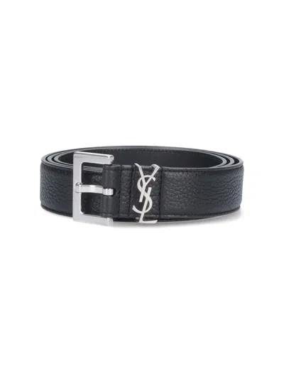 Saint Laurent Grained Leather Cassandre Thin Belt With Square Buckle Accessories In Black