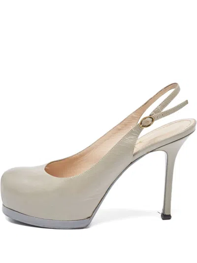 Pre-owned Saint Laurent 100m Tribtoo Leather Slingback Pumps In Gray