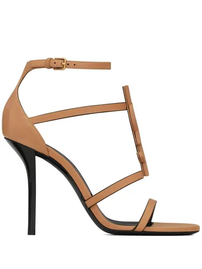 Saint Laurent Logo Strappy Sandals In Brown