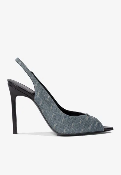 Saint Laurent 105 Logo Jacquard Denim Slingback Sandals In Blue