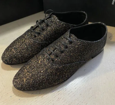 Pre-owned Saint Laurent $1095  Men Glitter Midnight Leather Shoes Black/gold 10.5 Us/
