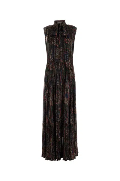 Saint Laurent Printed Silk Blend Long Dress In Black