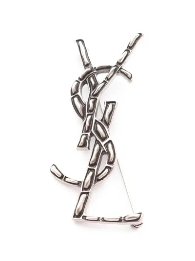 Pre-owned Saint Laurent 10s Embossed Brooch In Silver