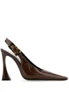 Saint Laurent Stone Sevilla Brown Patent Leather Pumps In 褐色