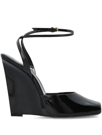 Saint Laurent La Scandale 110 Patent Leather Wedge Sandals In Black