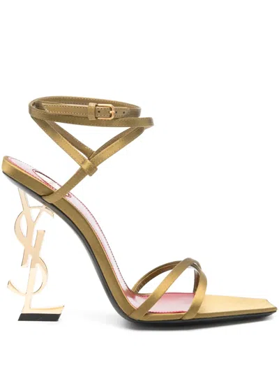 Saint Laurent Gold Crêpe Satin Opyum Sandals In Green