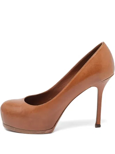 Pre-owned Saint Laurent 110mm Tribtoo Leather Heeled Pumps In Brown