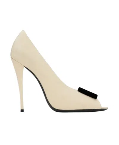 Saint Laurent Peep Pumps In Satin Crepe In Beige