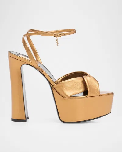 Saint Laurent 140mm Franciane Metallic Leather Platform Sandals In Tangerine