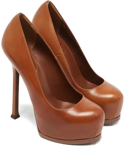 Pre-owned Saint Laurent 140mm Tribtoo Leather Pumps In Brown