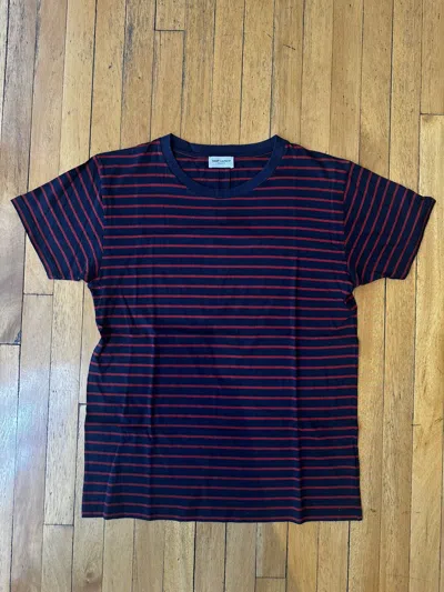 Pre-owned Saint Laurent 15aw Navy Red Striped Tshirt Cotton Tencel In Multi
