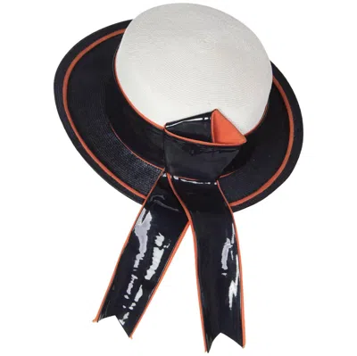 Pre-owned Saint Laurent 1960s Yves  Ivory And Navy Derby Hat Patent Leather Orange Hatband In White