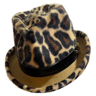 Pre-owned Saint Laurent 1960s Yves  Leopard Print Felt Stingy-brim Fedora W Leather Band In Black