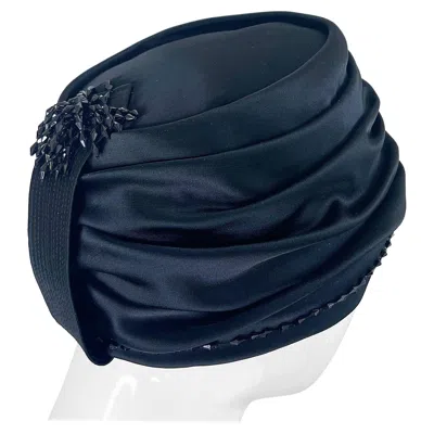 Pre-owned Saint Laurent 1960s Yves  Ysl Black Silk Satin Beaded Vintage 60s Turban Hat