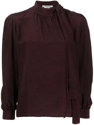 Pre-owned Saint Laurent 1970s Diagonal Stripe Pussy Bow Blouse In Black