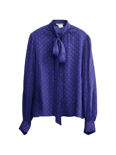 Pre-owned Saint Laurent 1970s Floral-print Lavalliere Blouse In Blue