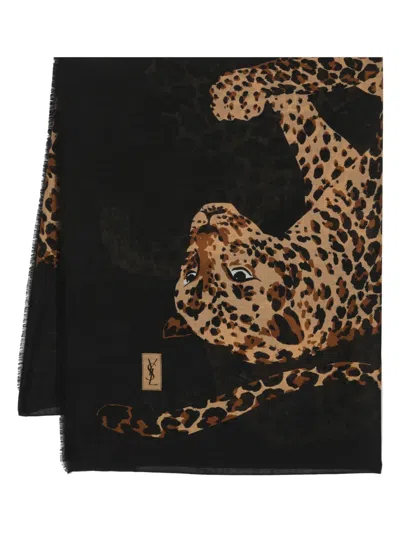 Pre-owned Saint Laurent 1970s Leopard Print Silk Scarf In Brown