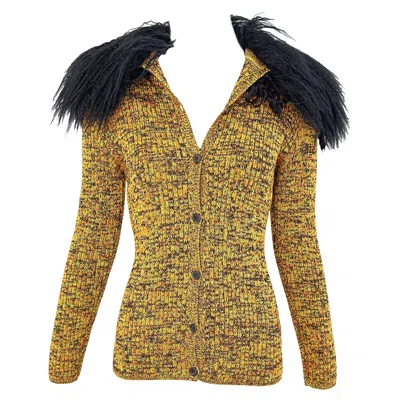 Pre-owned Saint Laurent 1970s Yves  Knit Cardigan Mongolian Fur Collar Soft Mohair 70s Ysl In Brown