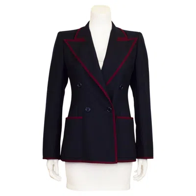 Pre-owned Saint Laurent 1971 Yves  Navy Wool Blazer With Maroon Trim In Red