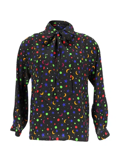 Pre-owned Saint Laurent 1979 Cosmic Print Pussy-bow Blouse In Black