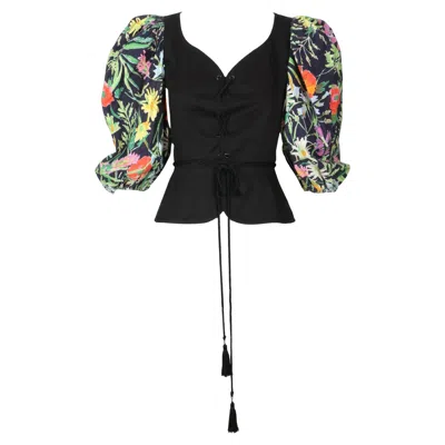 Pre-owned Saint Laurent 1980's Yves  Black & Floral Lace Up Corset Top
