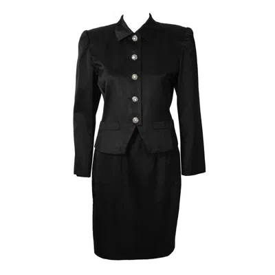 Pre-owned Saint Laurent 1980's Yves  Ysl Black Satin Suit With Rhinestone Buttons