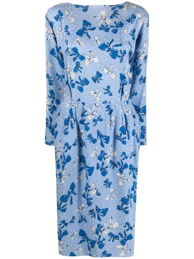 Pre-owned Saint Laurent 1980s Bow-print Silk Dress In Blue