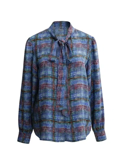 Pre-owned Saint Laurent 1980s Check Lavalliere Blouse In Blue